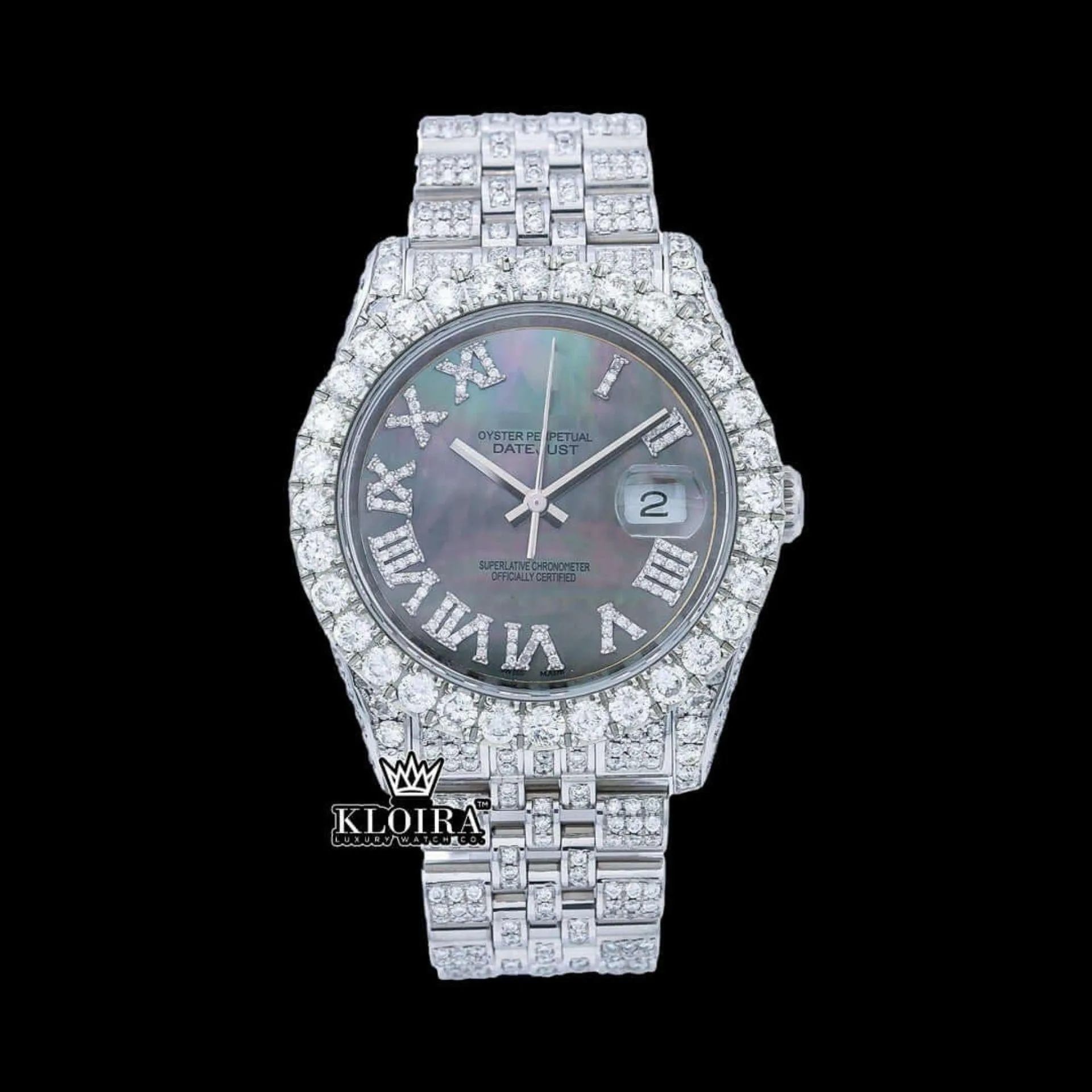Roles Silver Roman Numerals Black Pearl Dial Moissanite Watch with sparkling diamonds and elegant design