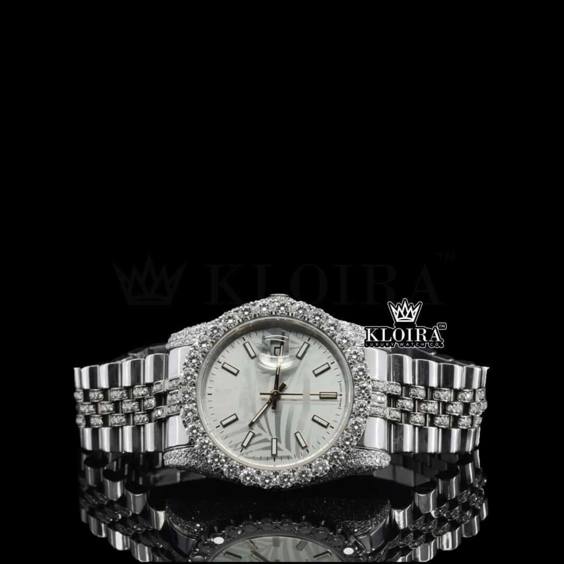 Roles Moissanite Watch with white gold diamond link strap and stick markers dial, 42mm.