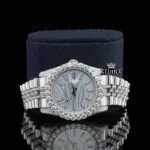 Silver shade Moissanite Diamond Watch 14K Gold VVS 22 Carat 42mm Right Close Up Front View