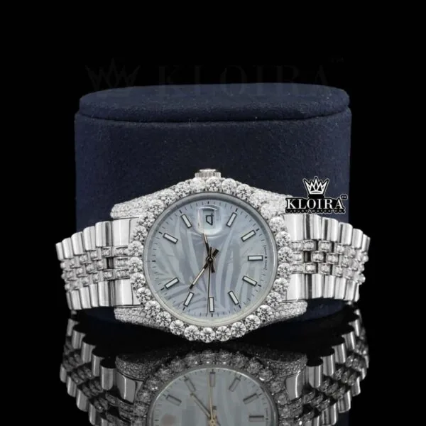 Silver shade Moissanite Diamond Watch 14K Gold VVS 22 Carat 42mm Right Close Up Front View