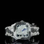 Cartior Skeleton Dial Black Camo Fully Iced Out Moissanite Watch with silver skeleton design
