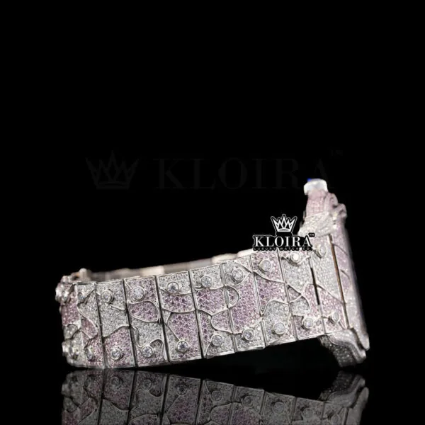 Skeleton Dial Pink Iced Out Two Tone Moissanite Diamond Watch Right Side View