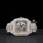 Cartior Skeleton Dial Two Tone Yellow Gold Block Link Strap Moissanite Watch showcasing bright yellow skeleton dial and diamonds