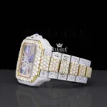 Skeleton Dial Two Tone Yellow Gold Block Link Strap Lab-Grown Diamond Watch Left Profile View
