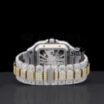 Skeleton Dial Two Tone Yellow Gold Diamond Block Link Strap Moissanite Watch Caseback View
