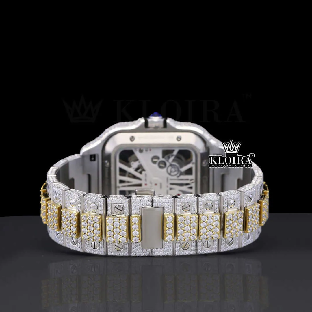 Skeleton Dial Two Tone Yellow Gold Diamond Block Link Strap Moissanite Watch Caseback View