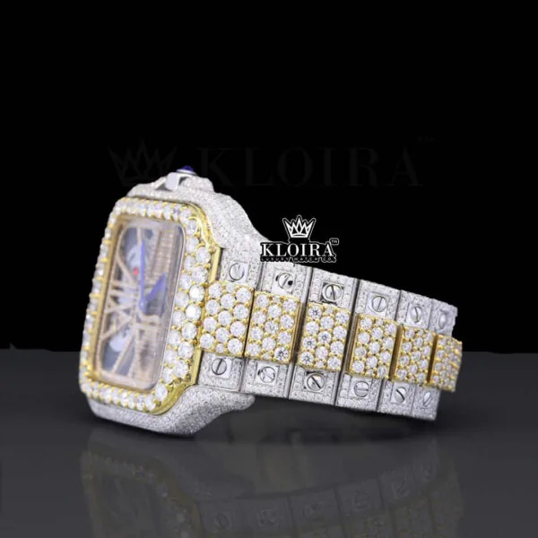 Skeleton Dial Two Tone Yellow Gold Diamond Block Link Strap Moissanite Watch Left Profile View