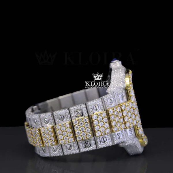 Skeleton Dial Two Tone Yellow Gold Diamond Block Link Strap Moissanite Watch Right Side View
