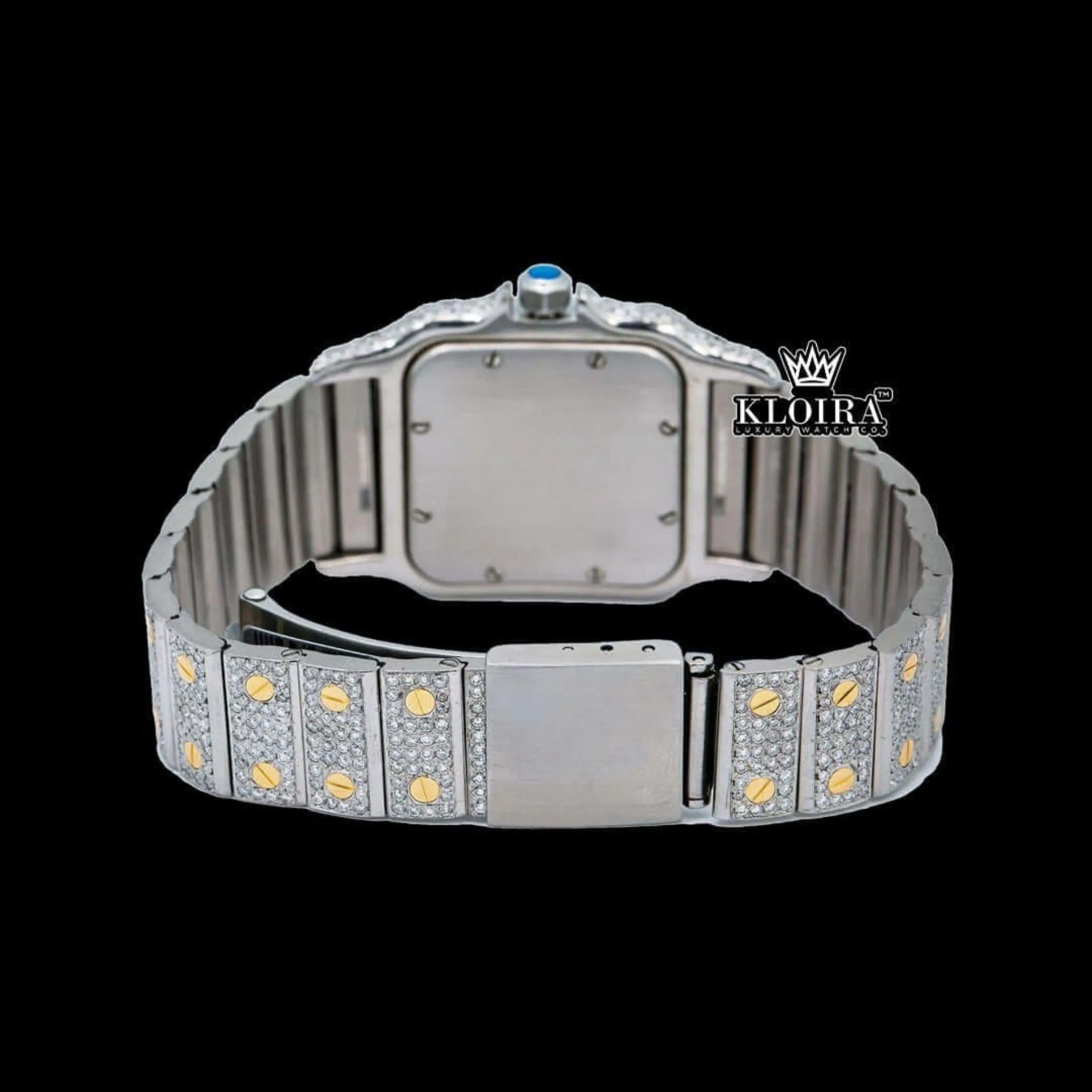 Square Dial Black Roman Numerals Two Tone Moissanite Watch Caseback View