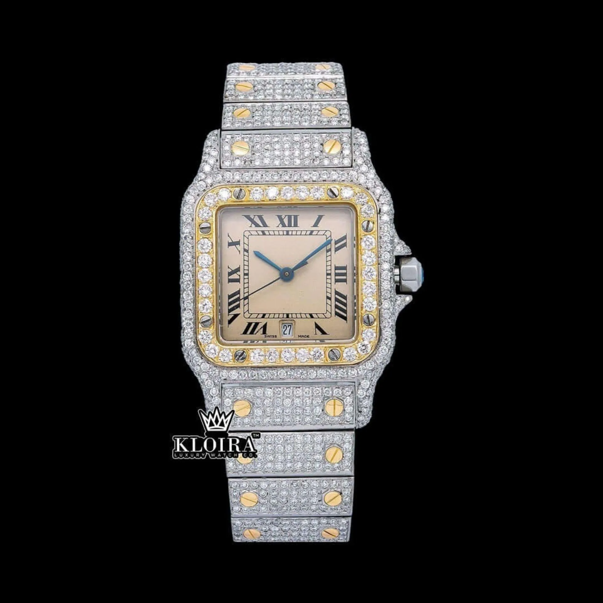 Cartior Square Dial Two Tone Moissanite Watch with Roman Numerals