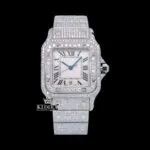 Cartior Square Roman Dial Fully Iced Out Moissanite Dial Watch with a luxurious iced-out design and Roman numerals.
