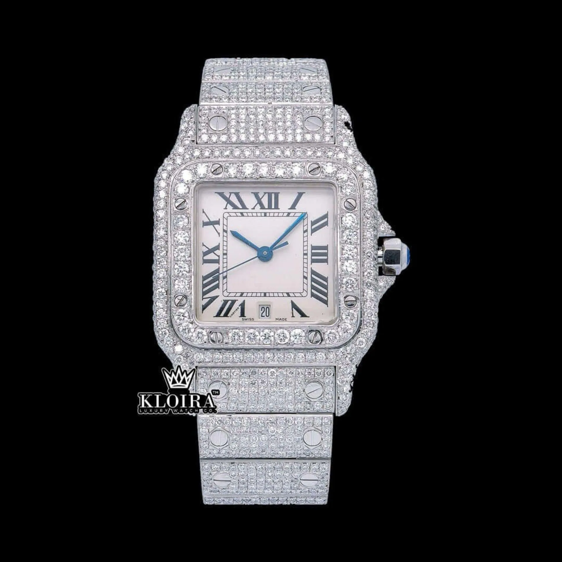 Cartior Square Roman Dial Fully Iced Out Moissanite Dial Watch with a luxurious iced-out design and Roman numerals.