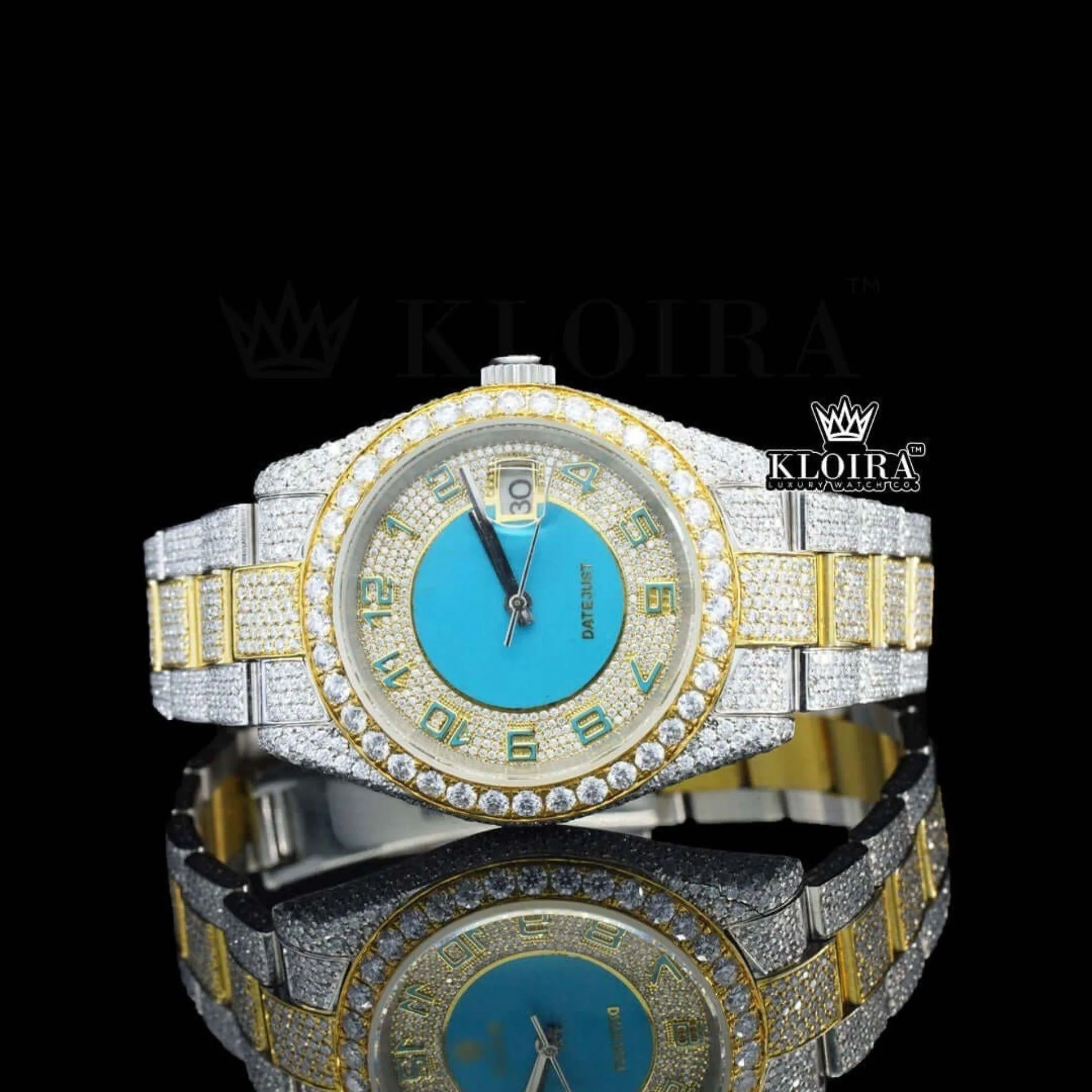 Roles Standard Numerals Blue Dial Date Display Two Tone Iced Out Moissanite Watch showcasing its luxurious design