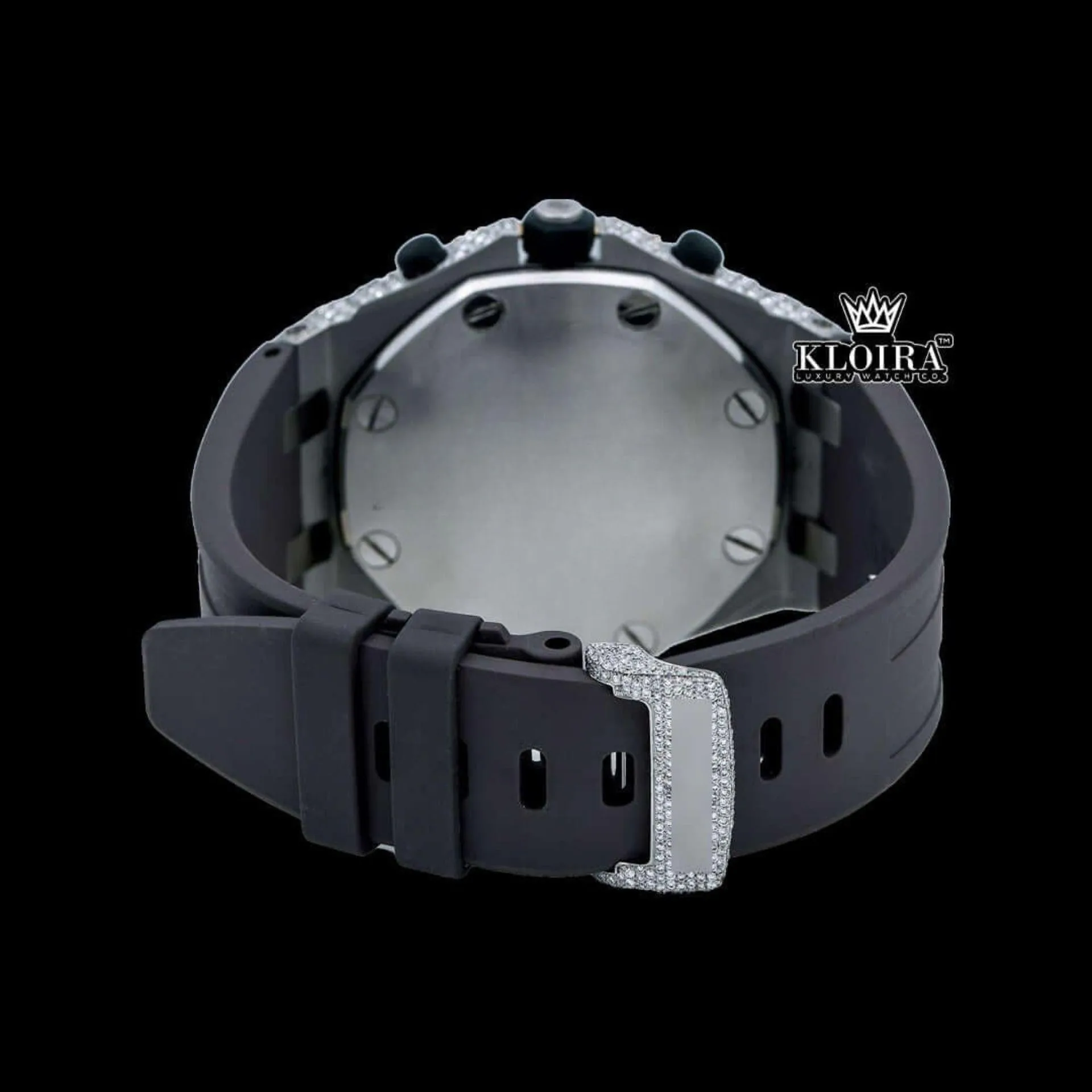 Standard Numerals Chronograph Dial Semi Iced Out Rubber Strap Moissanite Watch Caseback View
