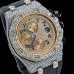 Standard Numerals Chronograph Dial Semi Iced Out Rubber Strap Moissanite Watch Close Up Dial View