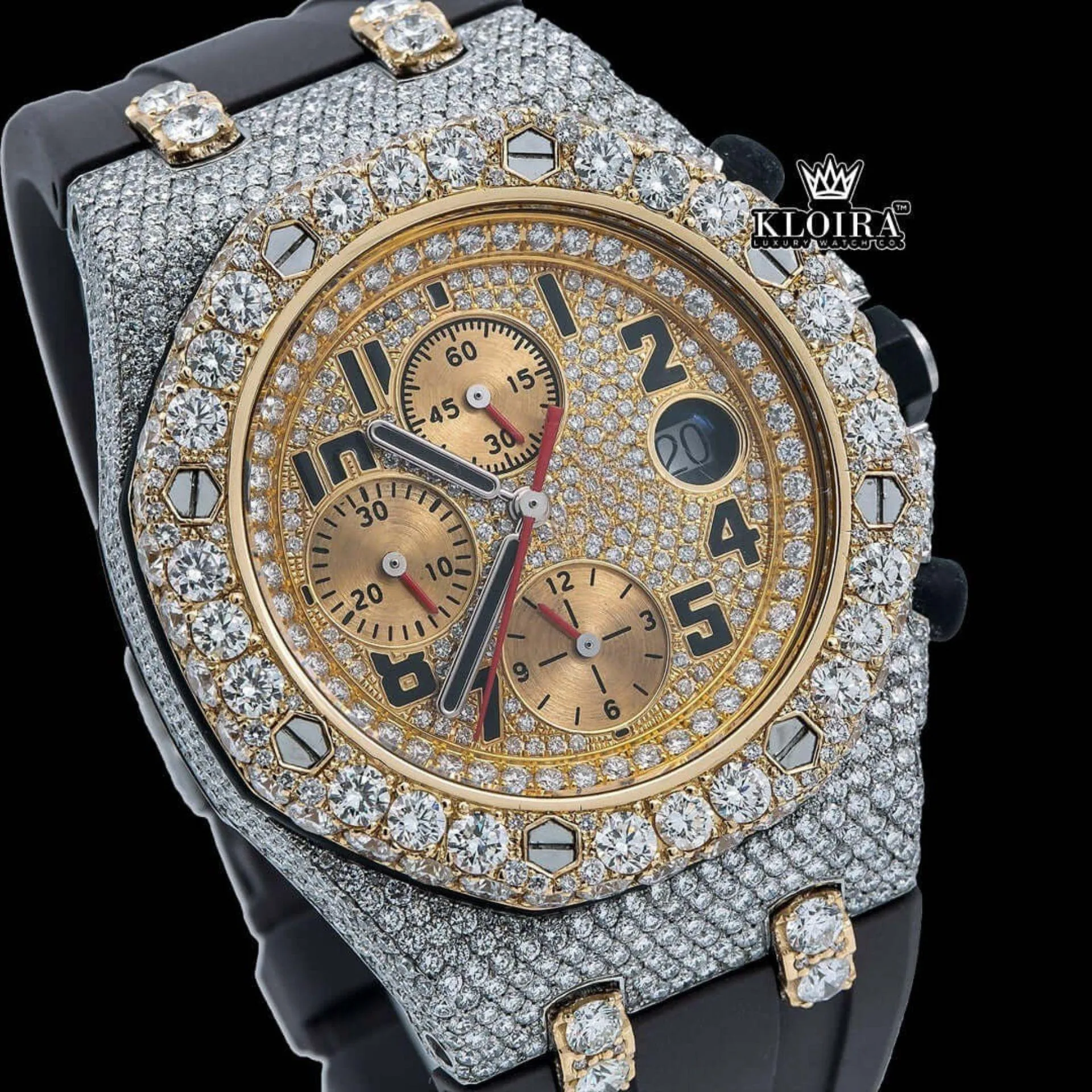 Standard Numerals Chronograph Dial Semi Iced Out Rubber Strap Moissanite Watch Close Up Dial View