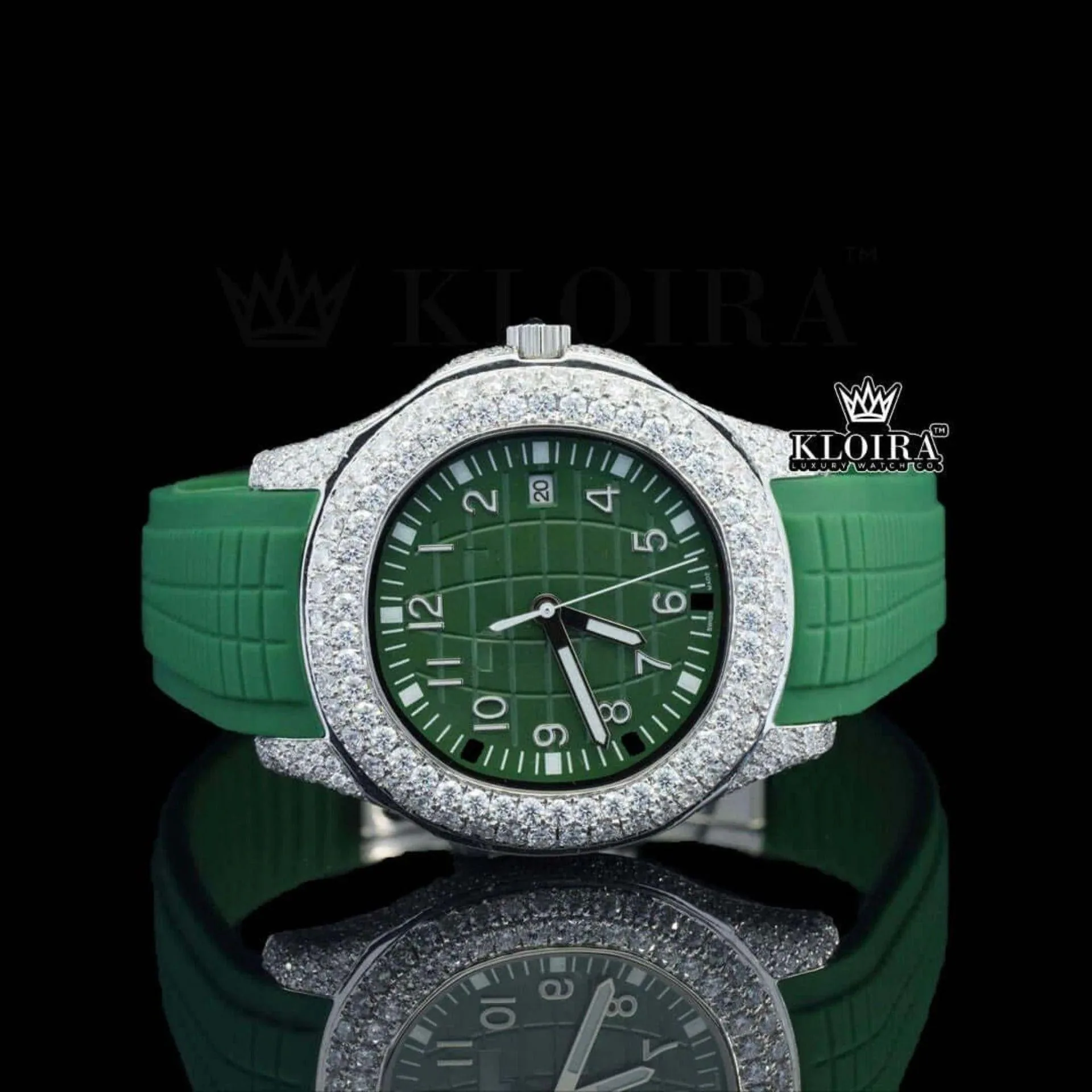 Patik Philippe Green Dial Semi Iced Out Rubber Strap Moissanite Watch with bold numerals