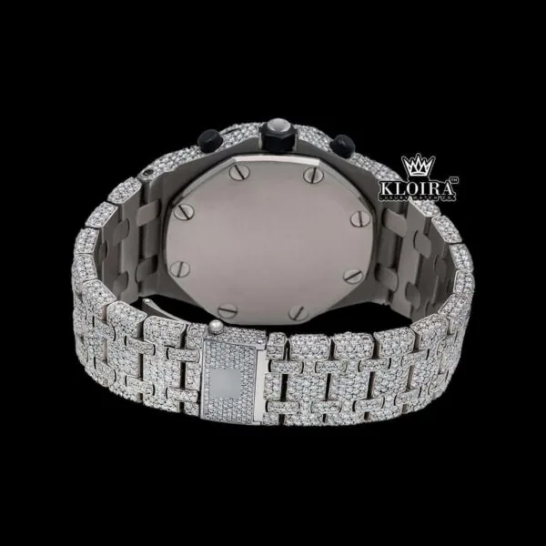 Standard Numerals Silver Chronograph Iced Out Moissanite Diamond Watch Caseback View