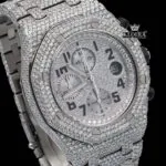 Standard Numerals Silver Chronograph Iced Out Moissanite Diamond Watch Close Up Dial View
