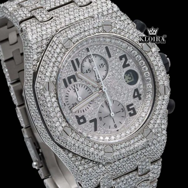Standard Numerals Silver Chronograph Iced Out Moissanite Diamond Watch Close Up Dial View