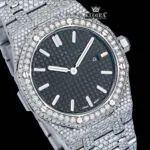Stick Markers Black DIal AP Full Iced Out Moissanite Watch Close Up Dial View
