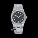 AP Royal Oak Stick Markers Black Dial Full Iced Out Moissanite Watch with Black Dial and Gold-Plated Case