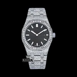 AP Royal Oak Stick Markers Black Dial Full Iced Out Moissanite Watch