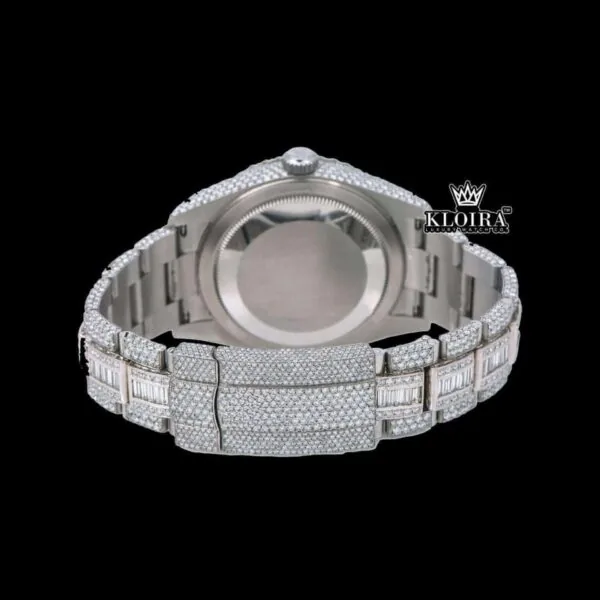 Stick Markers Black Dial Dual Time Fully Iced Out Moissanite Diamond Watch Caseback View