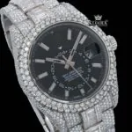 Stick Markers Black Dial Dual Time Fully Iced Out Moissanite Diamond Watch Close Up Dial View