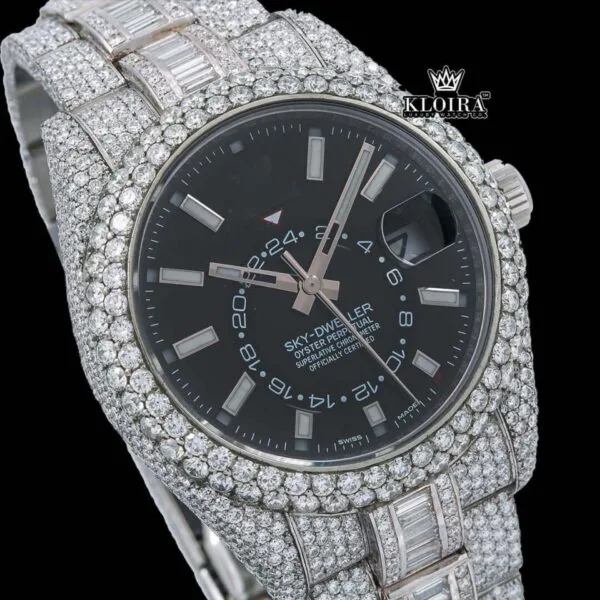 Stick Markers Black Dial Dual Time Fully Iced Out Moissanite Diamond Watch Close Up Dial View