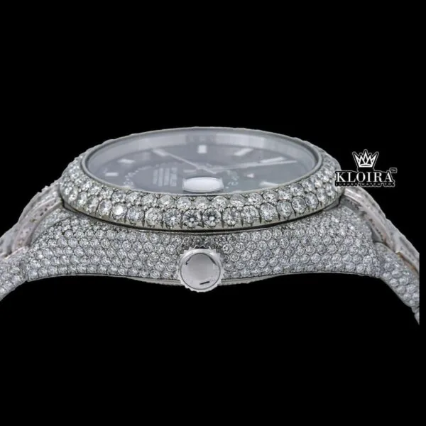 Stick Markers Black Dial Dual Time Fully Iced Out Moissanite Diamond Watch Crown View