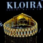 Stick Markers Black Dial Fully Iced Out Yellow Gold Moissanite Watch Caseback View