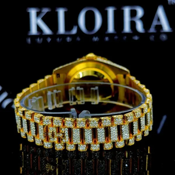 Stick Markers Black Dial Fully Iced Out Yellow Gold Moissanite Watch Caseback View