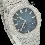 Stick Markers Blue Chronograph Dial Fully Iced Out Moissanite Watch Close Up Dial View
