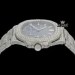 Stick Markers Blue Chronograph Dial Fully Iced Out Moissanite Watch Crown View