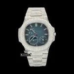 Patik Philippe Nautilus Chronograph Moissanite Watch with Blue Dial and Iced-Out Design