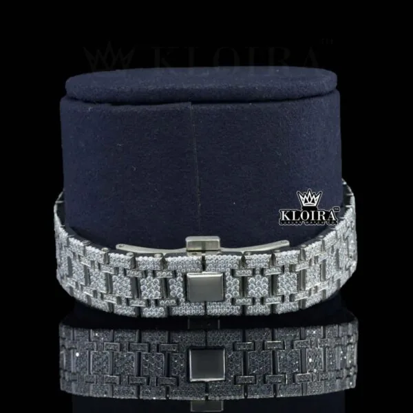 Stick Markers Blue Dial Full Iced Out Moissanite Watch Bracelet View
