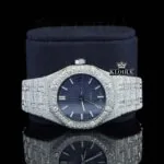 Stick Markers Blue Dial Full Iced Out Moissanite Watch Close Up Front View