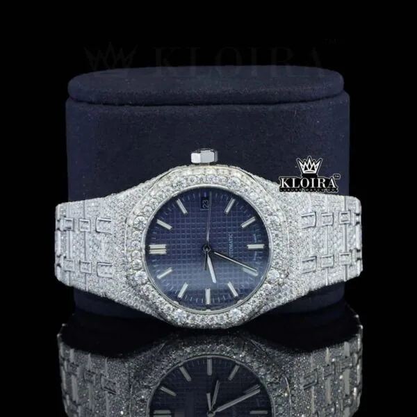 Stick Markers Blue Dial Full Iced Out Moissanite Watch Close Up Front View