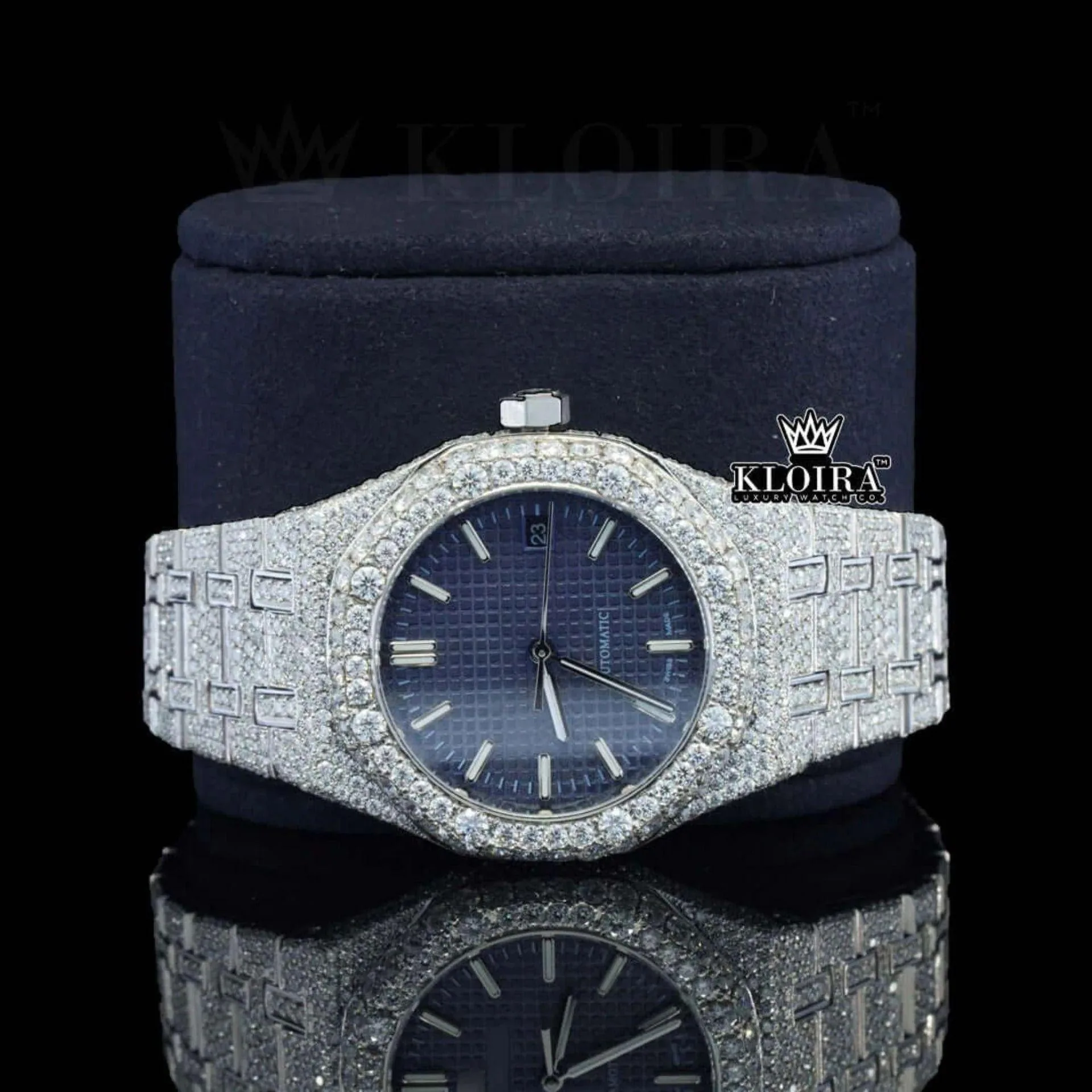 Stick Markers Blue Dial Full Iced Out Moissanite Watch Close Up Front View