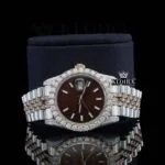 Stick Markers Brown Dial Two Tone Rose Gold Moissanite Watch Close Up Front View