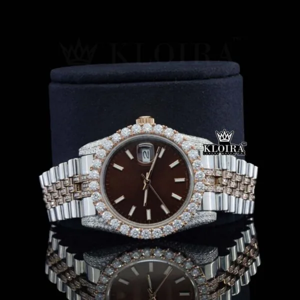 Stick Markers Brown Dial Two Tone Rose Gold Moissanite Watch Close Up Front View