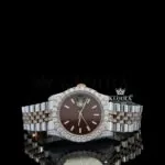 Roles Stick Markers Brown Dial Two Tone Rose Gold Moissanite Watch showcasing a diamond bezel and elegant design