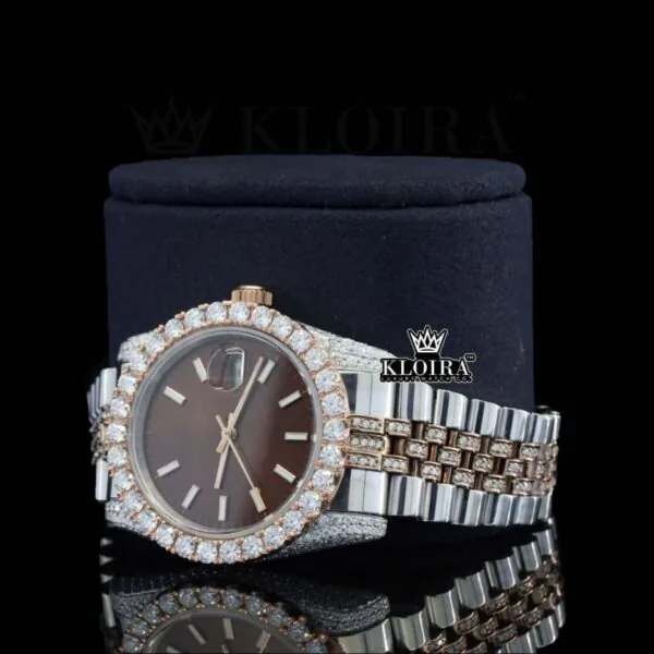 Stick Markers Brown Dial Two Tone Rose Gold Moissanite Watch Left Profile View