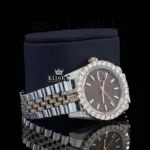 Stick Markers Brown Dial Two Tone Rose Gold Moissanite Watch Right Profile View
