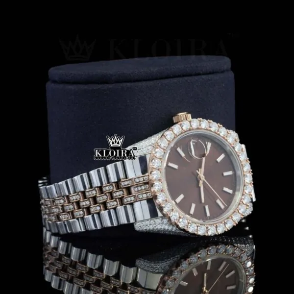 Stick Markers Brown Dial Two Tone Rose Gold Moissanite Watch Right Profile View