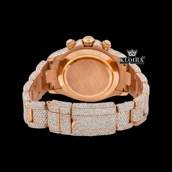 Stick Markers Chronograph Dial Rose Gold Fully Iced Out Moissanite Watch Caseback View