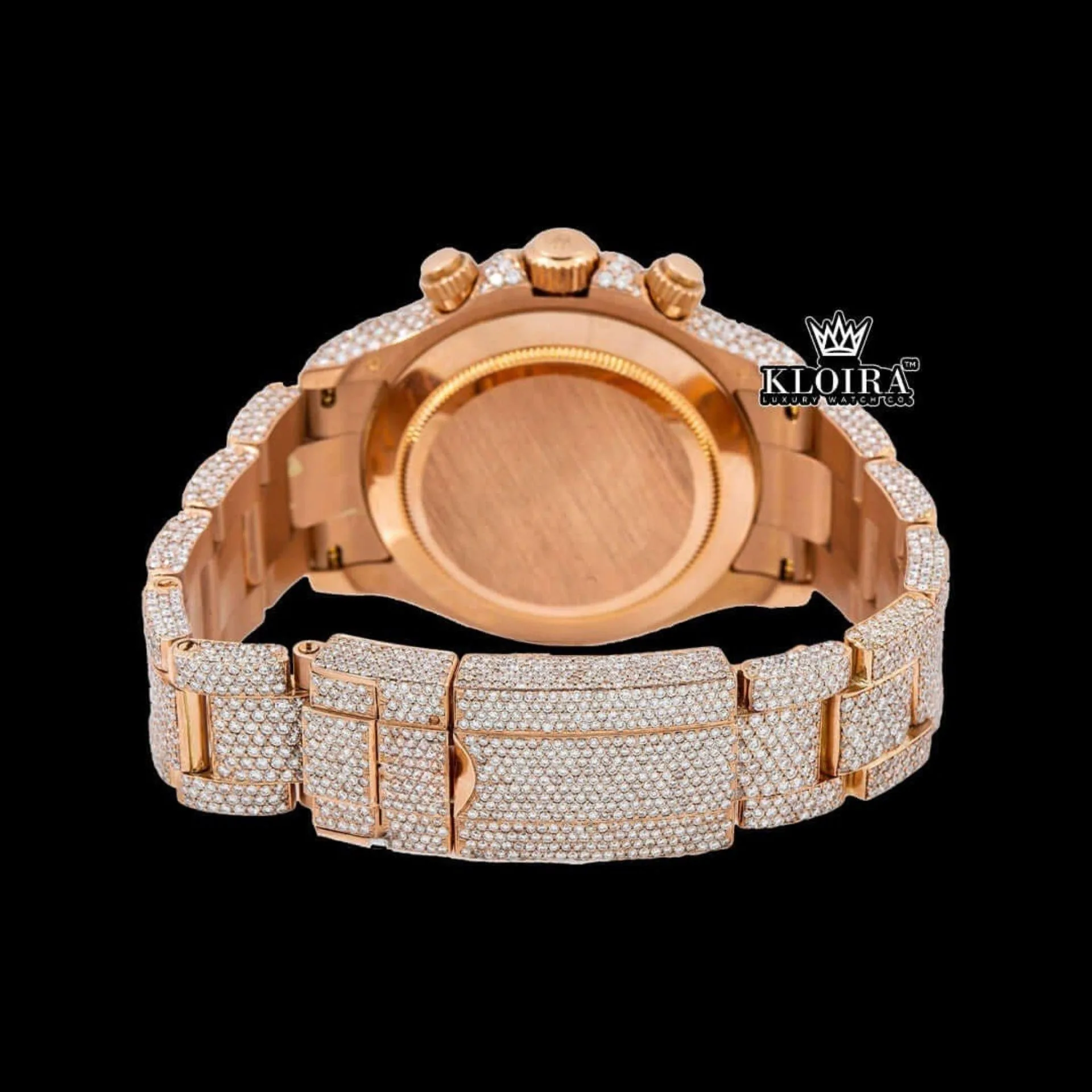 Stick Markers Chronograph Dial Rose Gold Fully Iced Out Moissanite Watch Caseback View