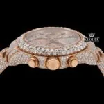 Stick Markers Chronograph Dial Rose Gold Fully Iced Out Moissanite Watch Crown View