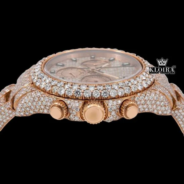 Stick Markers Chronograph Dial Rose Gold Fully Iced Out Moissanite Watch Crown View